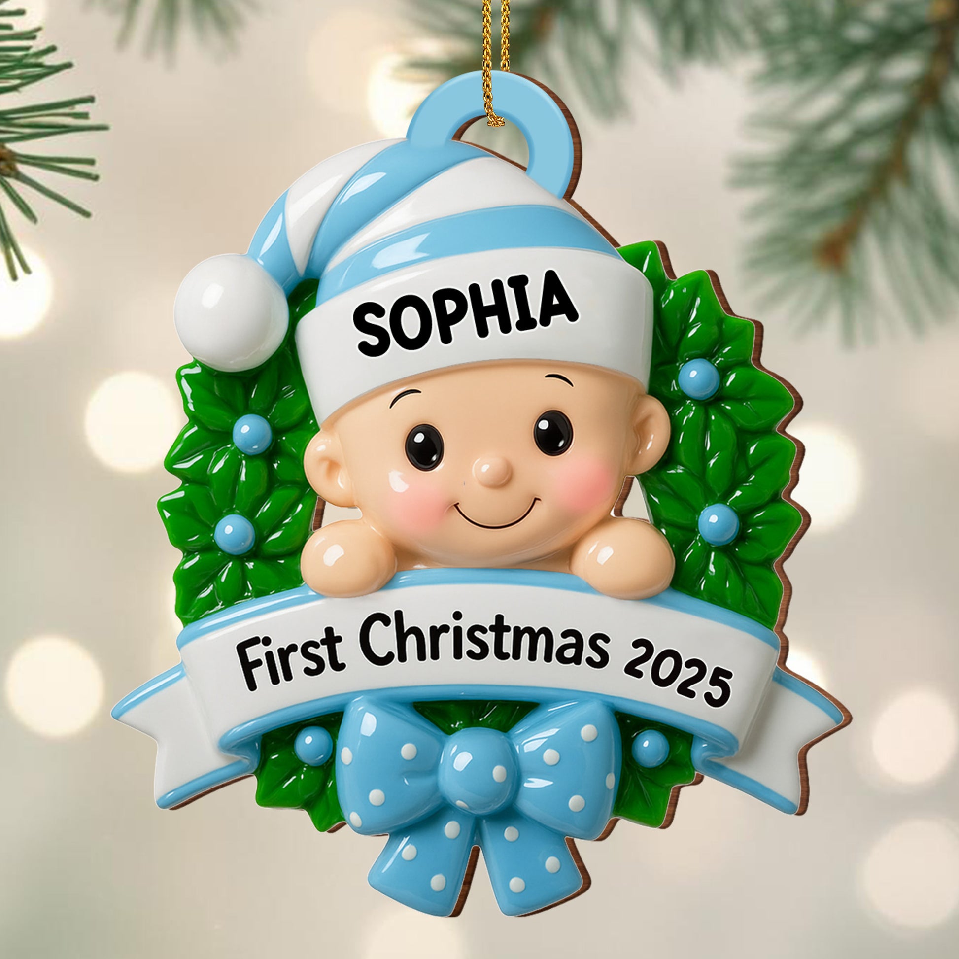First Christmas Baby With Wreath And Bow Ornament