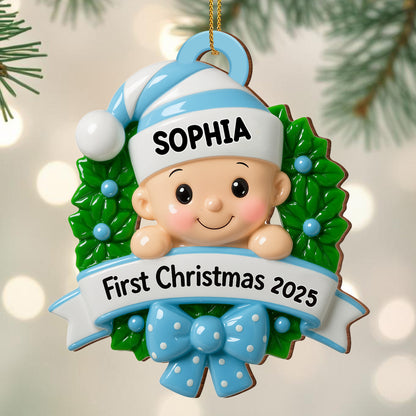 First Christmas Baby With Wreath And Bow Ornament