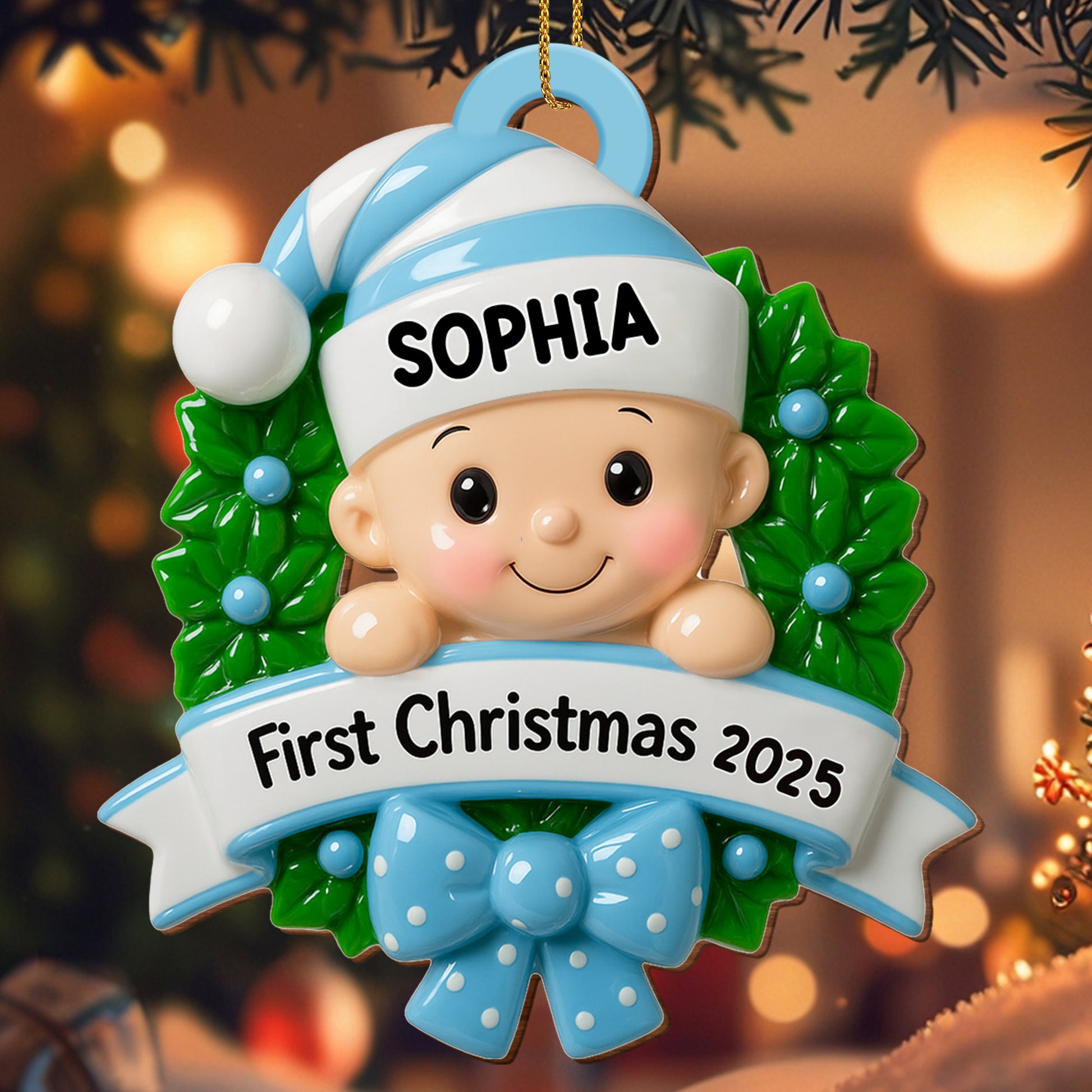 First Christmas Baby With Wreath And Bow Ornament