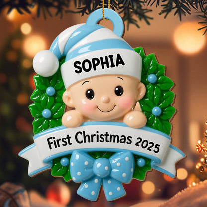 First Christmas Baby With Wreath And Bow Ornament