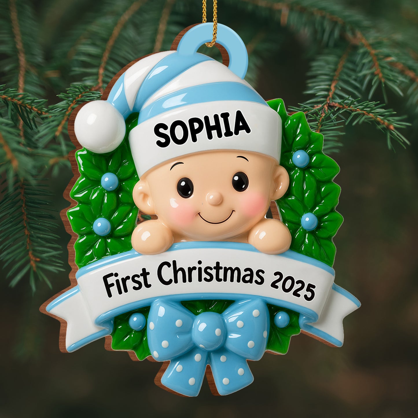 First Christmas Baby With Wreath And Bow Ornament