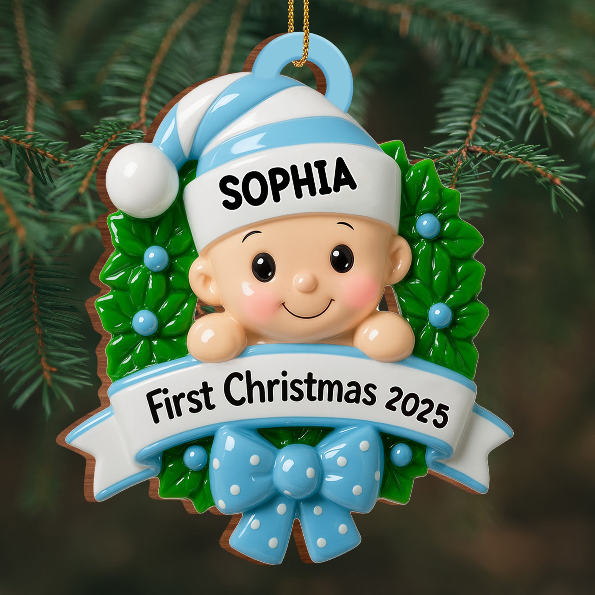 First Christmas Baby With Wreath And Bow Ornament