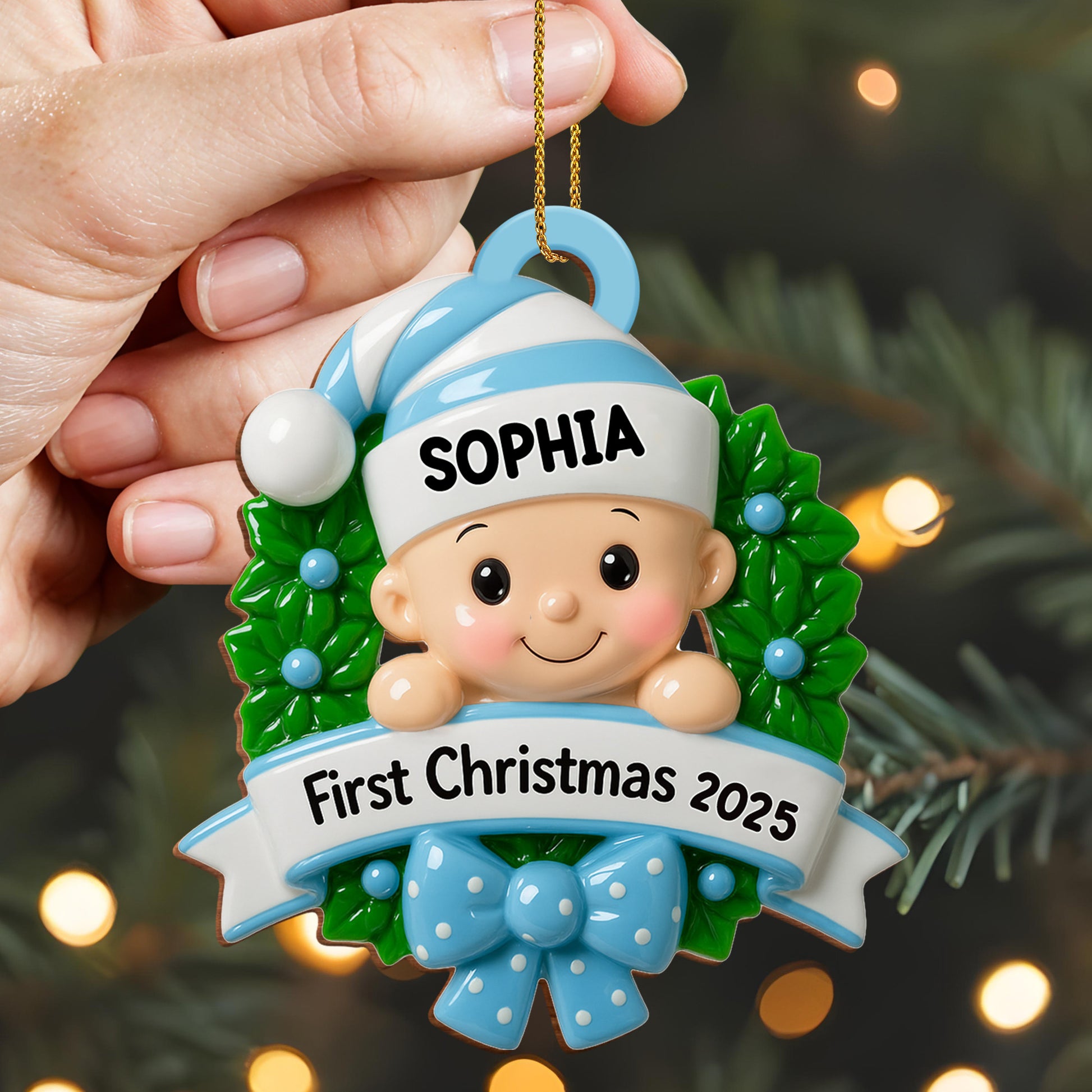 First Christmas Baby With Wreath And Bow Ornament