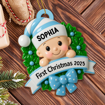 First Christmas Baby With Wreath And Bow Ornament