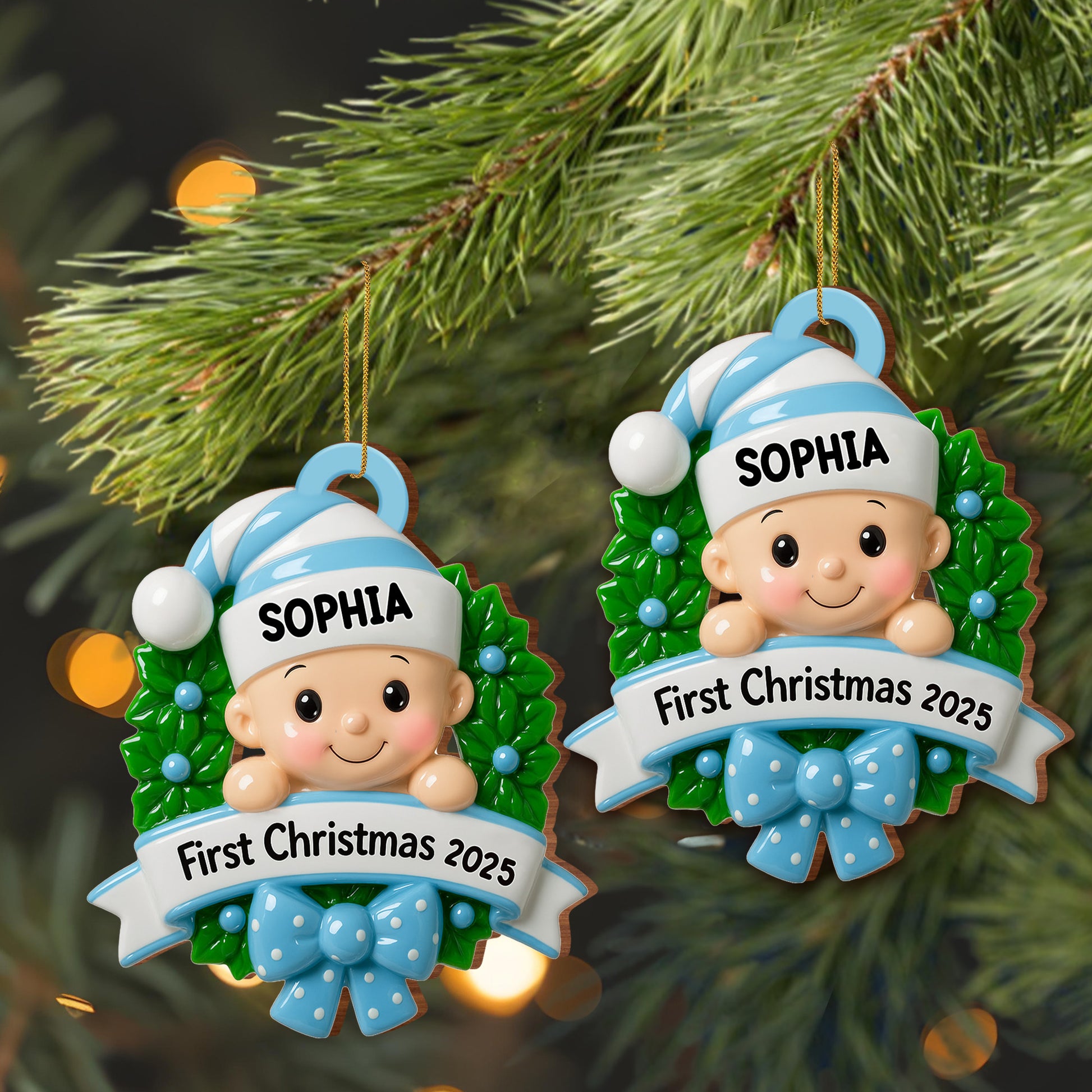 First Christmas Baby With Wreath And Bow Ornament