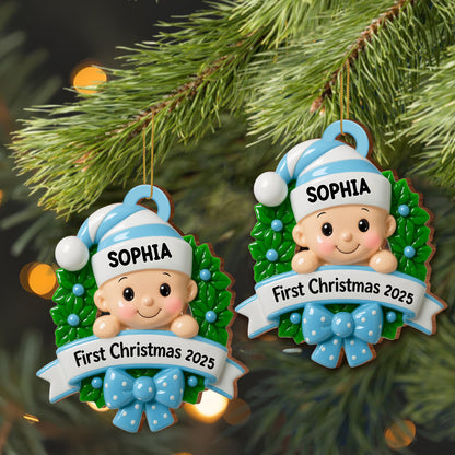 First Christmas Baby With Wreath And Bow Ornament