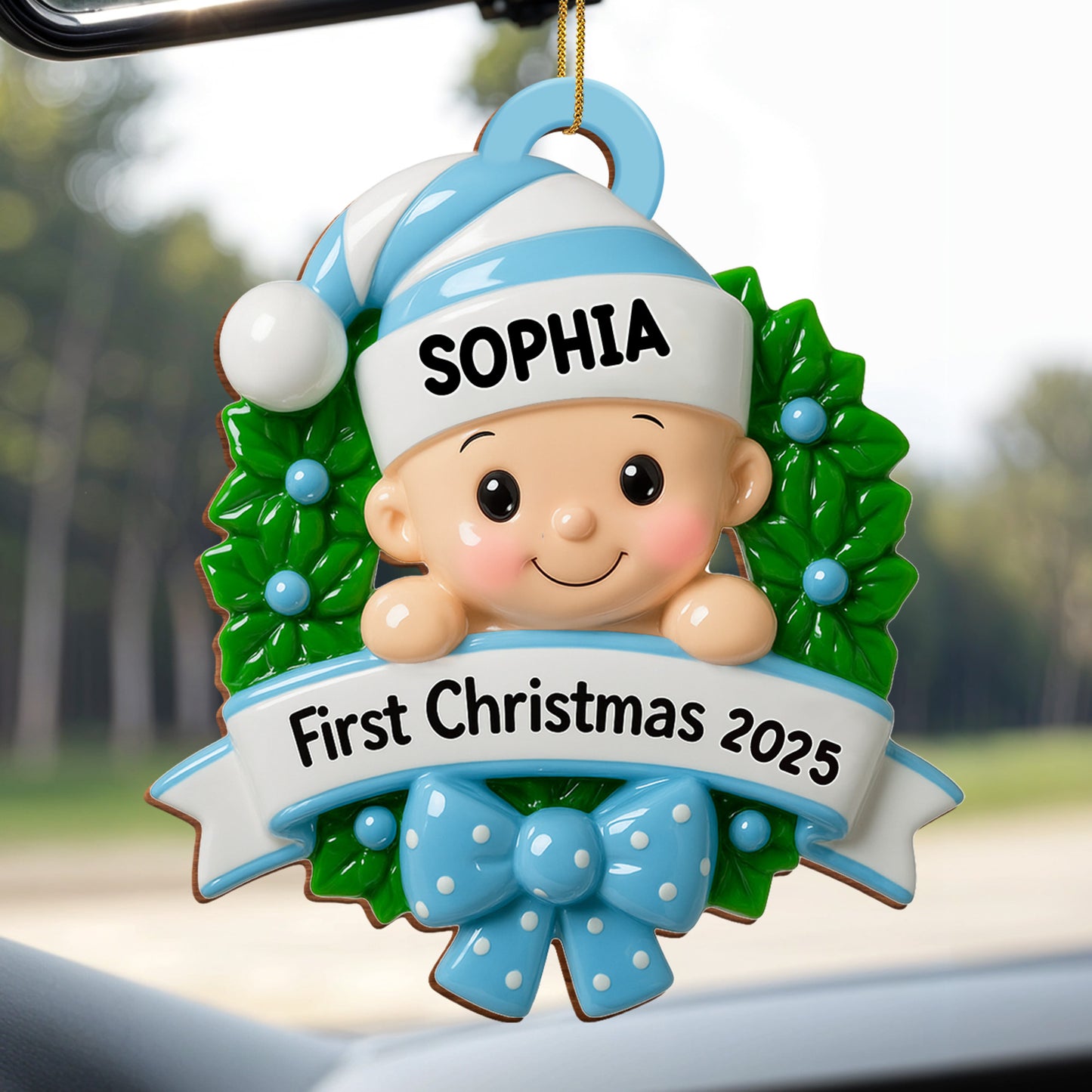First Christmas Baby With Wreath And Bow Ornament
