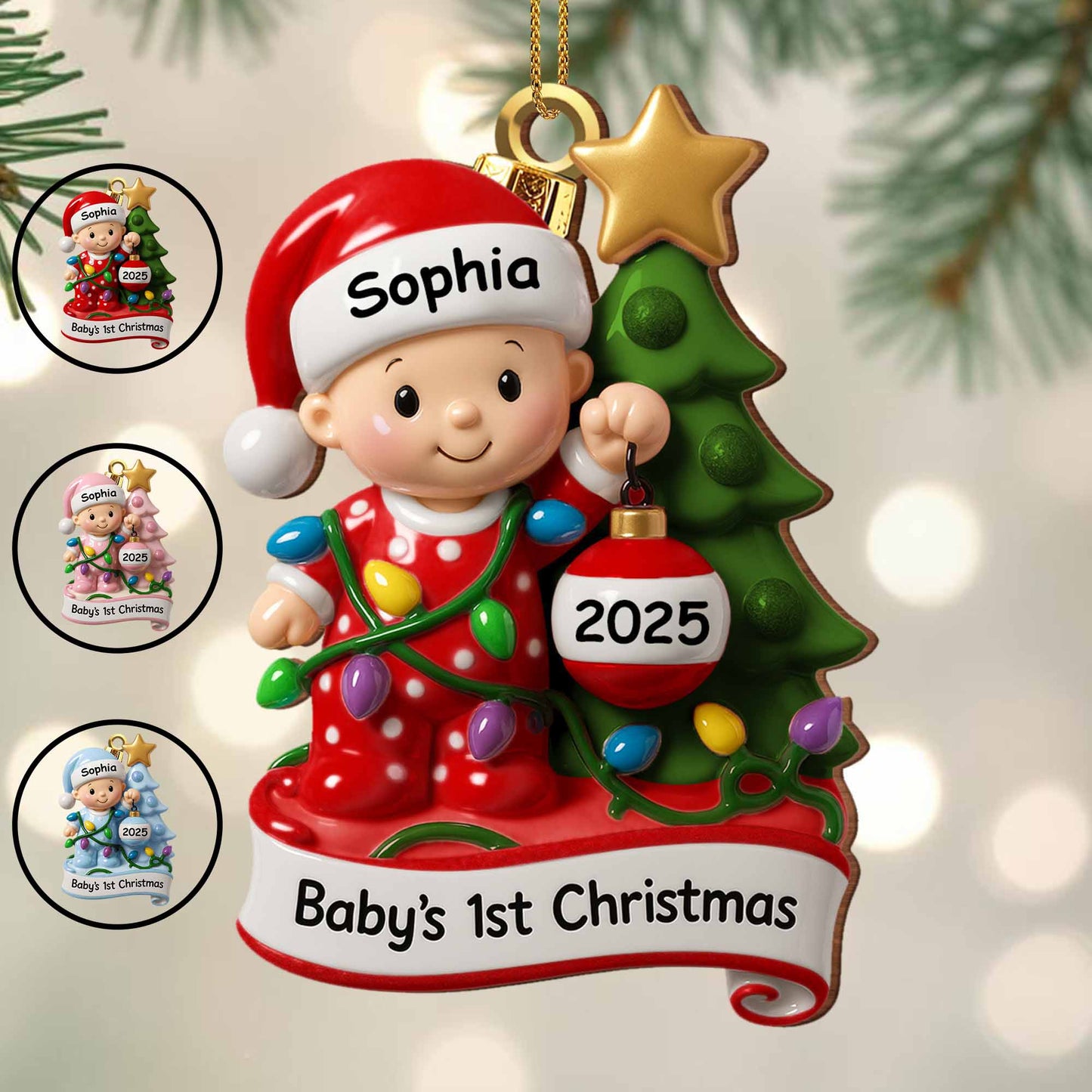 Primera Navidad del bebé con árbol festivo y luces - Adorno de madera personalizado, forma personalizada - KID156_WDO