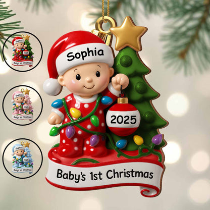 Primera Navidad del bebé con árbol festivo y luces - Adorno de madera personalizado, forma personalizada - KID156_WDO