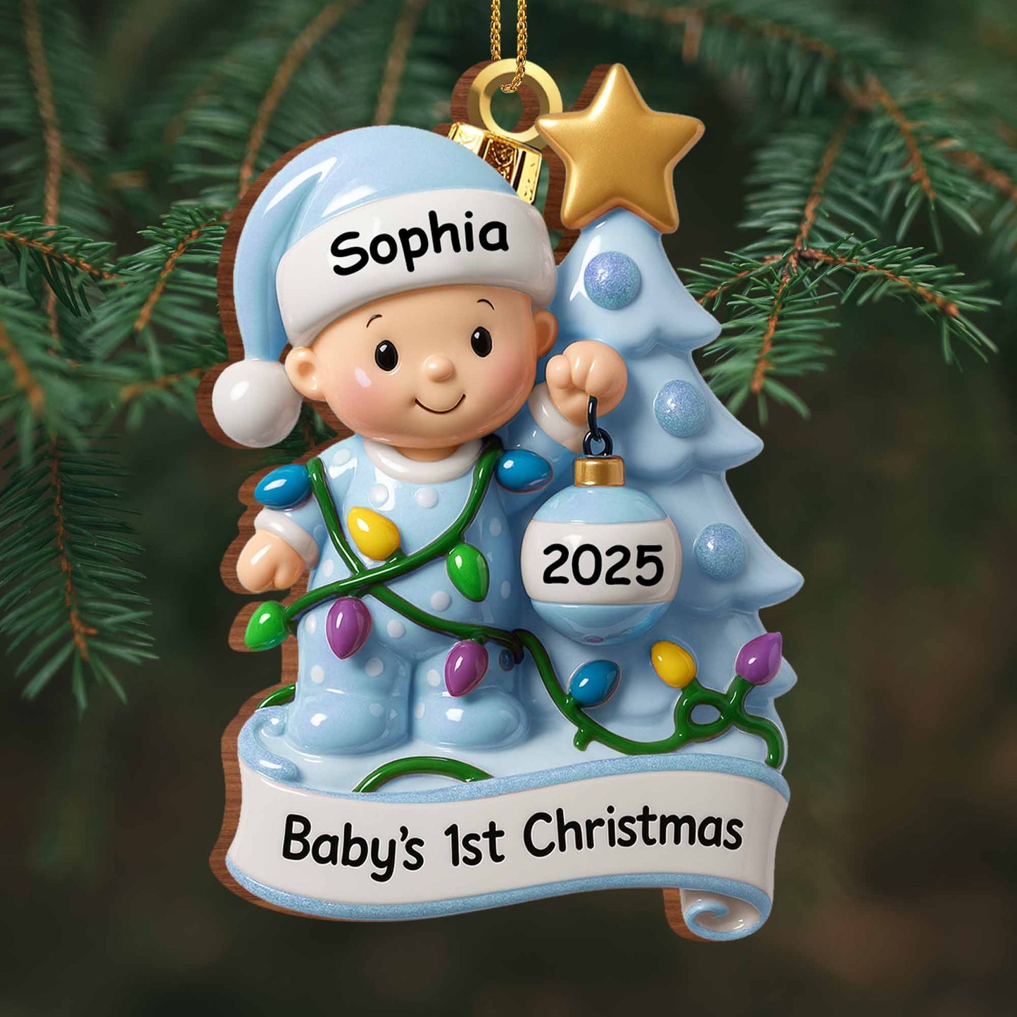 Primera Navidad del bebé con árbol festivo y luces - Adorno de madera personalizado, forma personalizada - KID156_WDO