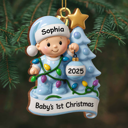 Primera Navidad del bebé con árbol festivo y luces - Adorno de madera personalizado, forma personalizada - KID156_WDO