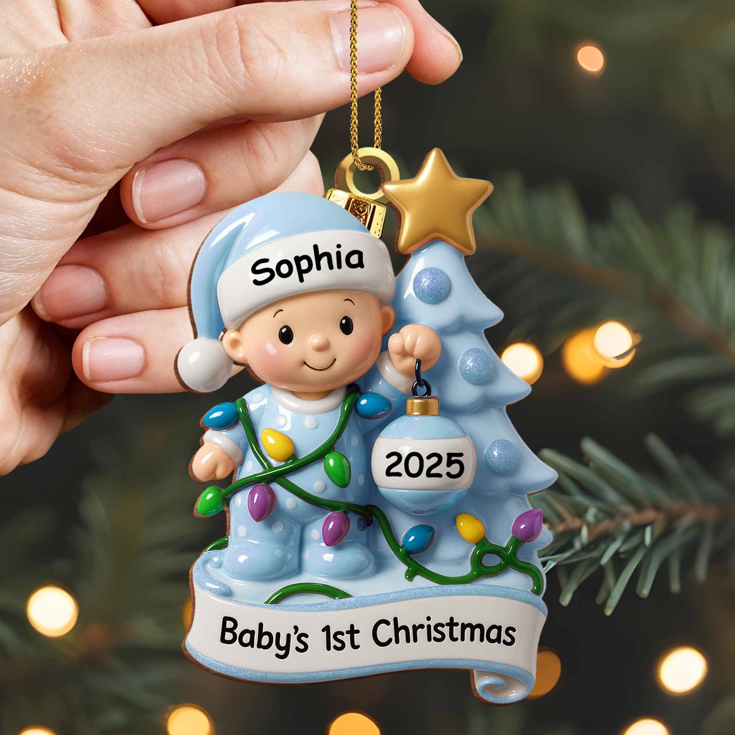 Primera Navidad del bebé con árbol festivo y luces - Adorno de madera personalizado, forma personalizada - KID156_WDO