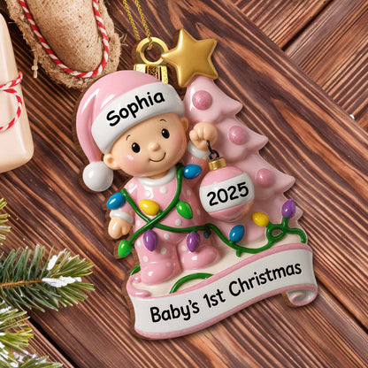 Primera Navidad del bebé con árbol festivo y luces - Adorno de madera personalizado, forma personalizada - KID156_WDO