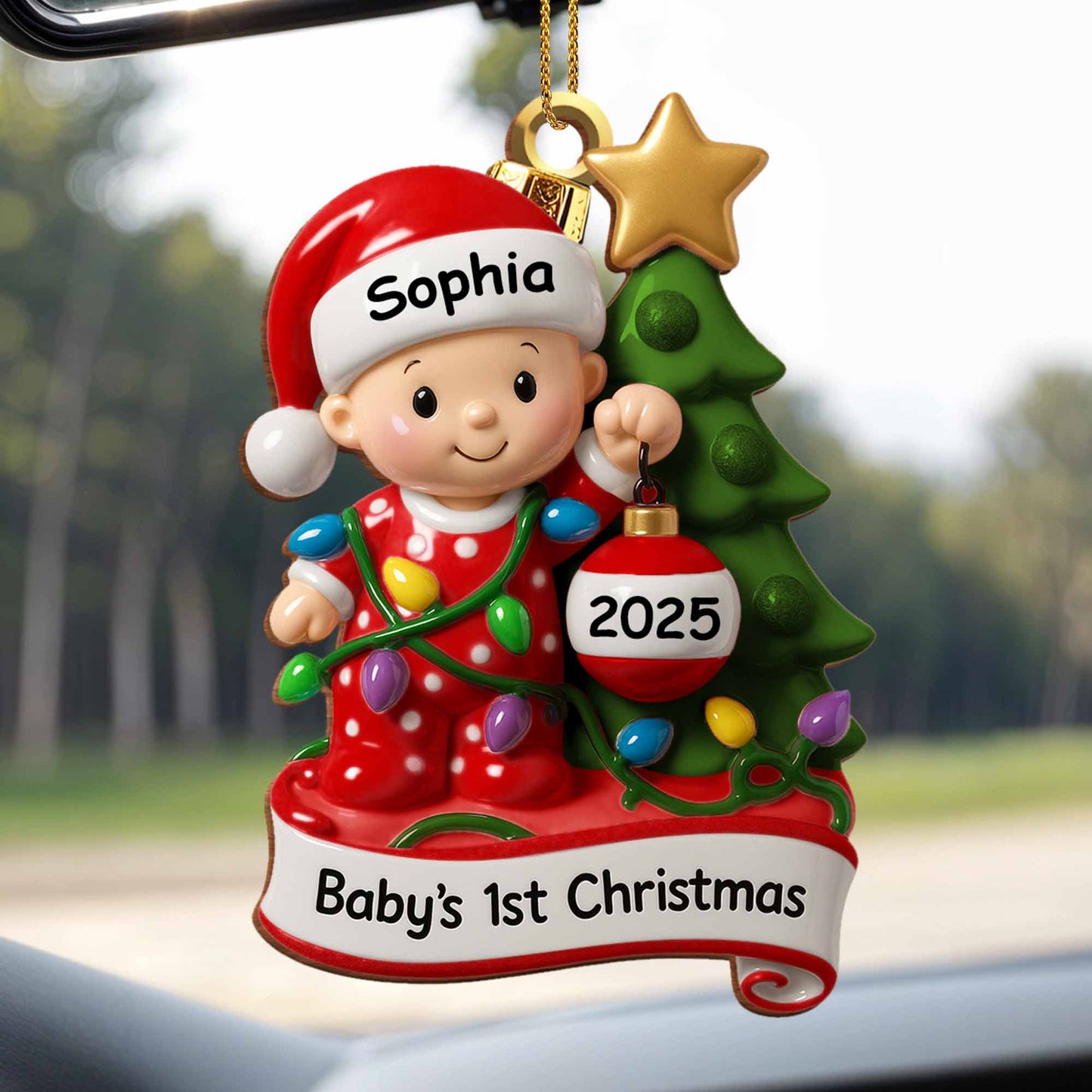 Primera Navidad del bebé con árbol festivo y luces - Adorno de madera personalizado, forma personalizada - KID156_WDO