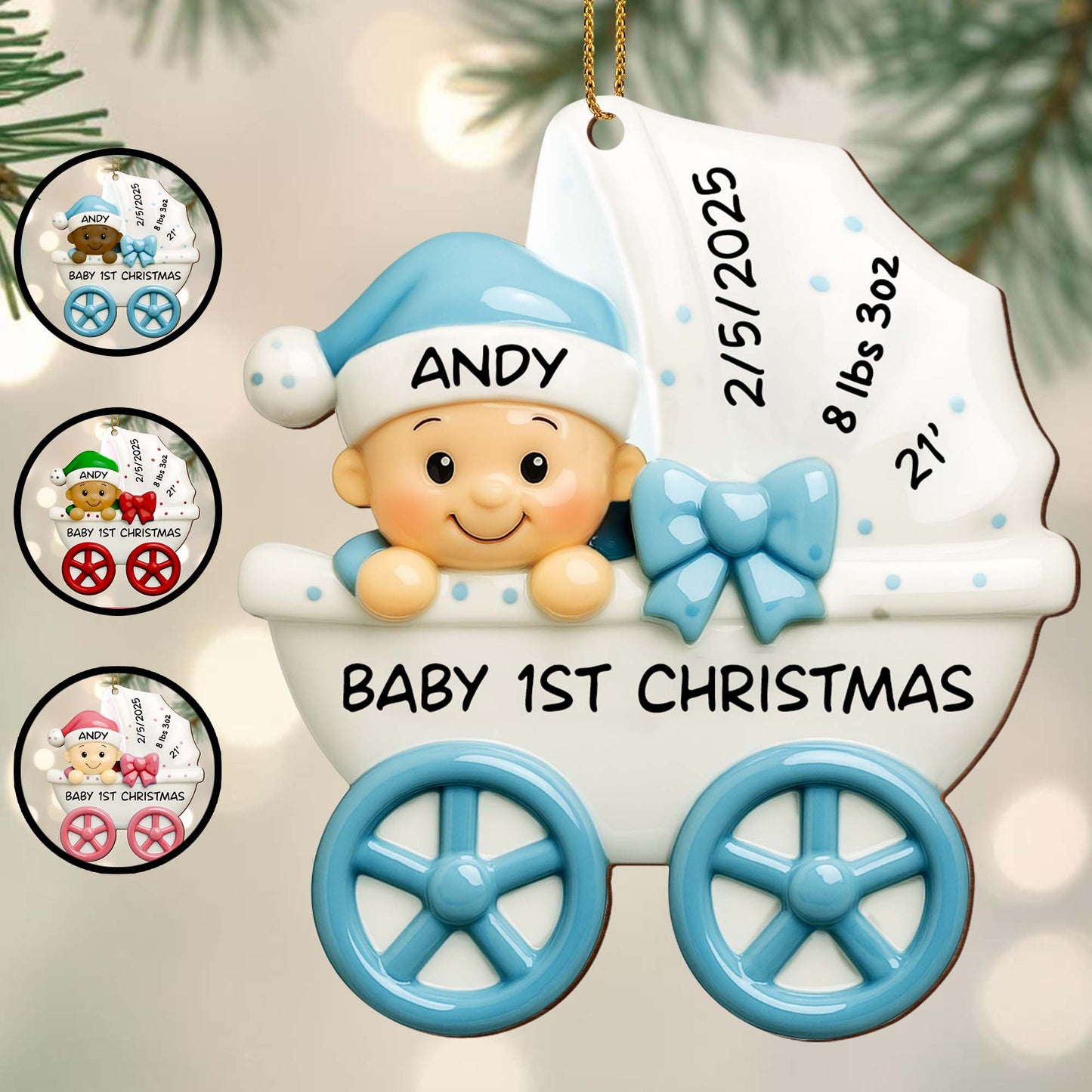 Bebé 1.ª Navidad, cochecito y lazo - Adorno de madera personalizado, forma personalizada - KID158_WDO