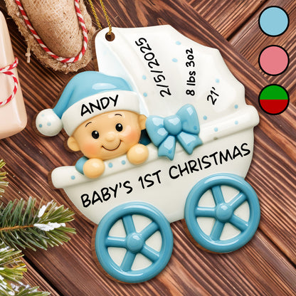 Baby 1st Christmas, Stroller And Bow - Personalized Custom Wood Ornament, Custom Shaped - KID158_WDO