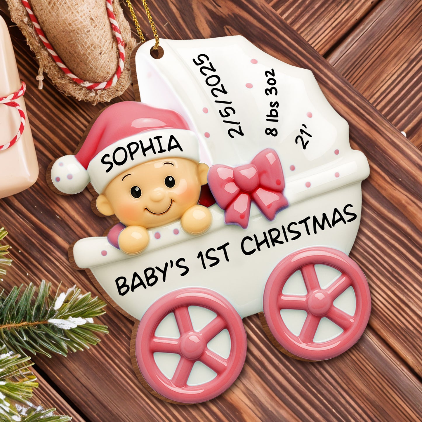 Baby 1st Christmas, Stroller And Bow - Personalized Custom Wood Ornament, Custom Shaped - KID158_WDO