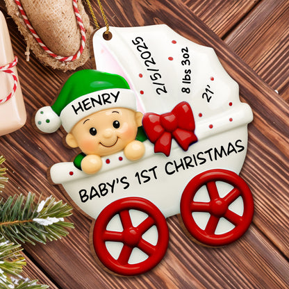 Baby 1st Christmas, Stroller And Bow - Personalized Custom Wood Ornament, Custom Shaped - KID158_WDO