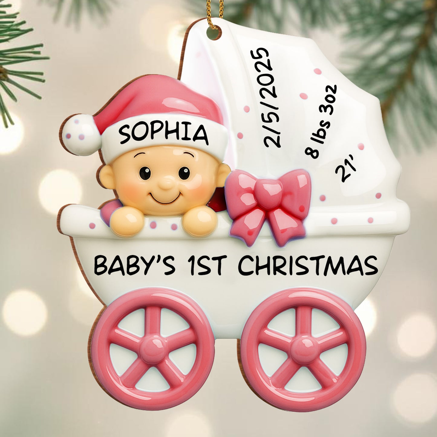 Baby 1st Christmas, Stroller And Bow - Personalized Custom Wood Ornament, Custom Shaped - KID158_WDO