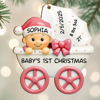 Baby 1st Christmas, Stroller And Bow - Personalized Custom Wood Ornament, Custom Shaped - KID158_WDO