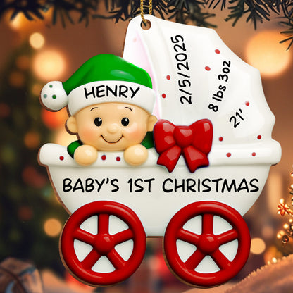 Baby 1st Christmas, Stroller And Bow - Personalized Custom Wood Ornament, Custom Shaped - KID158_WDO