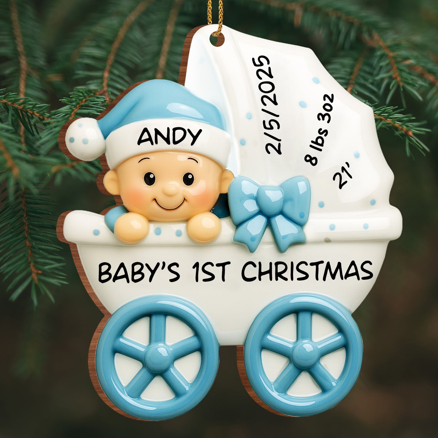 Baby 1st Christmas, Stroller And Bow - Personalized Custom Wood Ornament, Custom Shaped - KID158_WDO