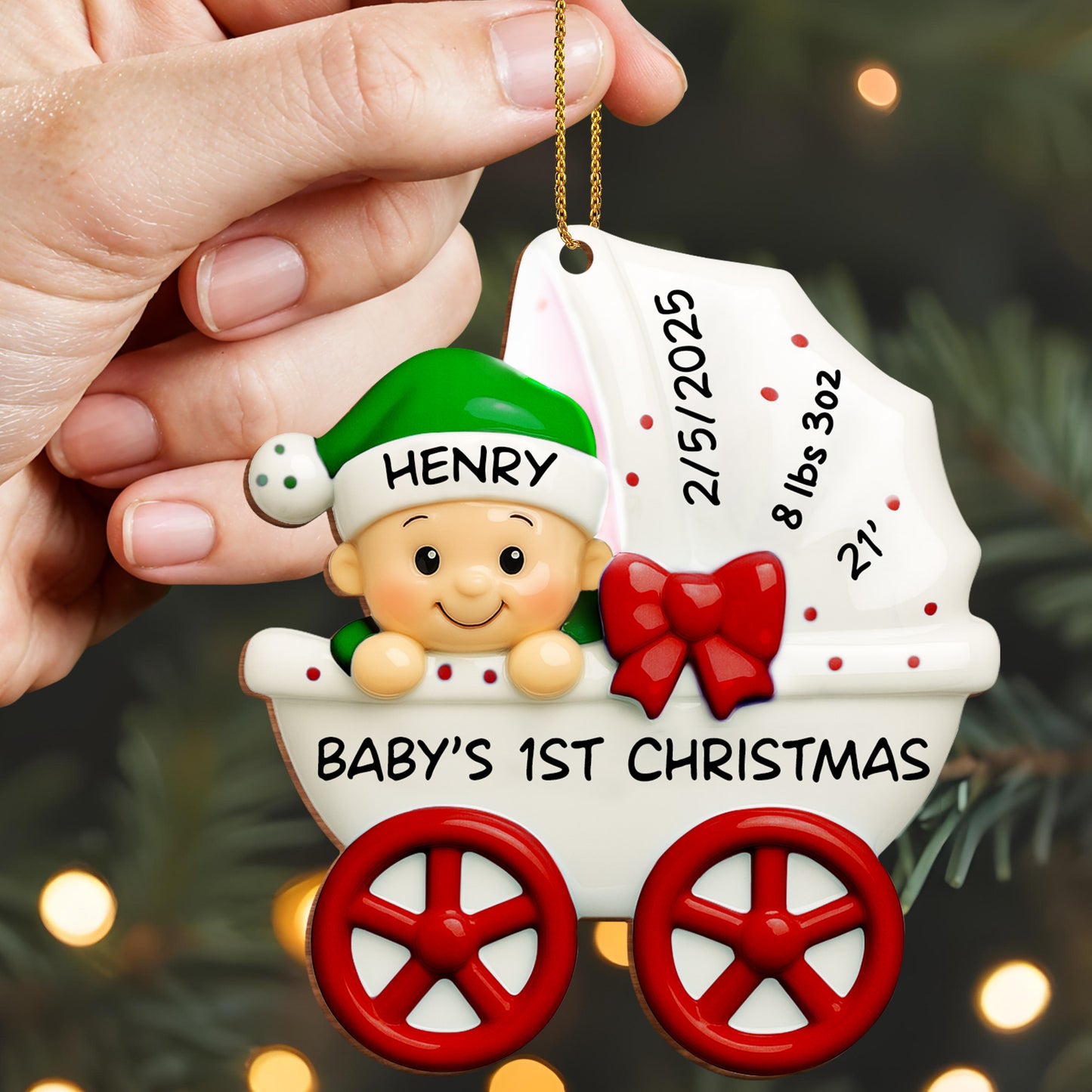 Baby 1st Christmas, Stroller And Bow - Personalized Custom Wood Ornament, Custom Shaped - KID158_WDO