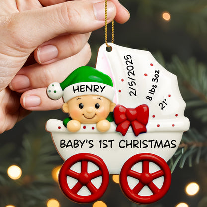 Baby 1st Christmas, Stroller And Bow - Personalized Custom Wood Ornament, Custom Shaped - KID158_WDO
