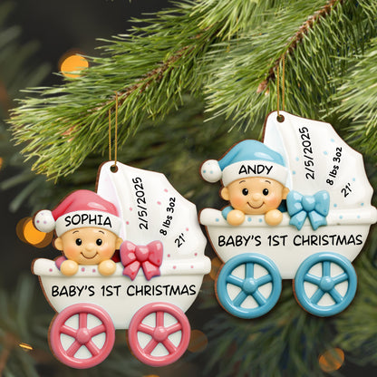 Baby 1st Christmas, Stroller And Bow - Personalized Custom Wood Ornament, Custom Shaped - KID158_WDO