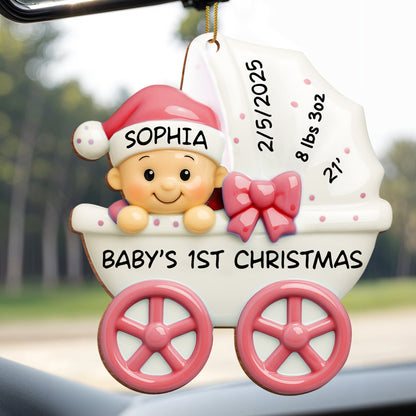 Baby 1st Christmas, Stroller And Bow - Personalized Custom Wood Ornament, Custom Shaped - KID158_WDO