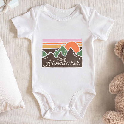 Little Adventurer Baby Onesie With Mountain And Sun Design