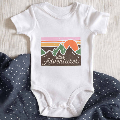 Little Adventurer Baby Onesie With Mountain And Sun Design