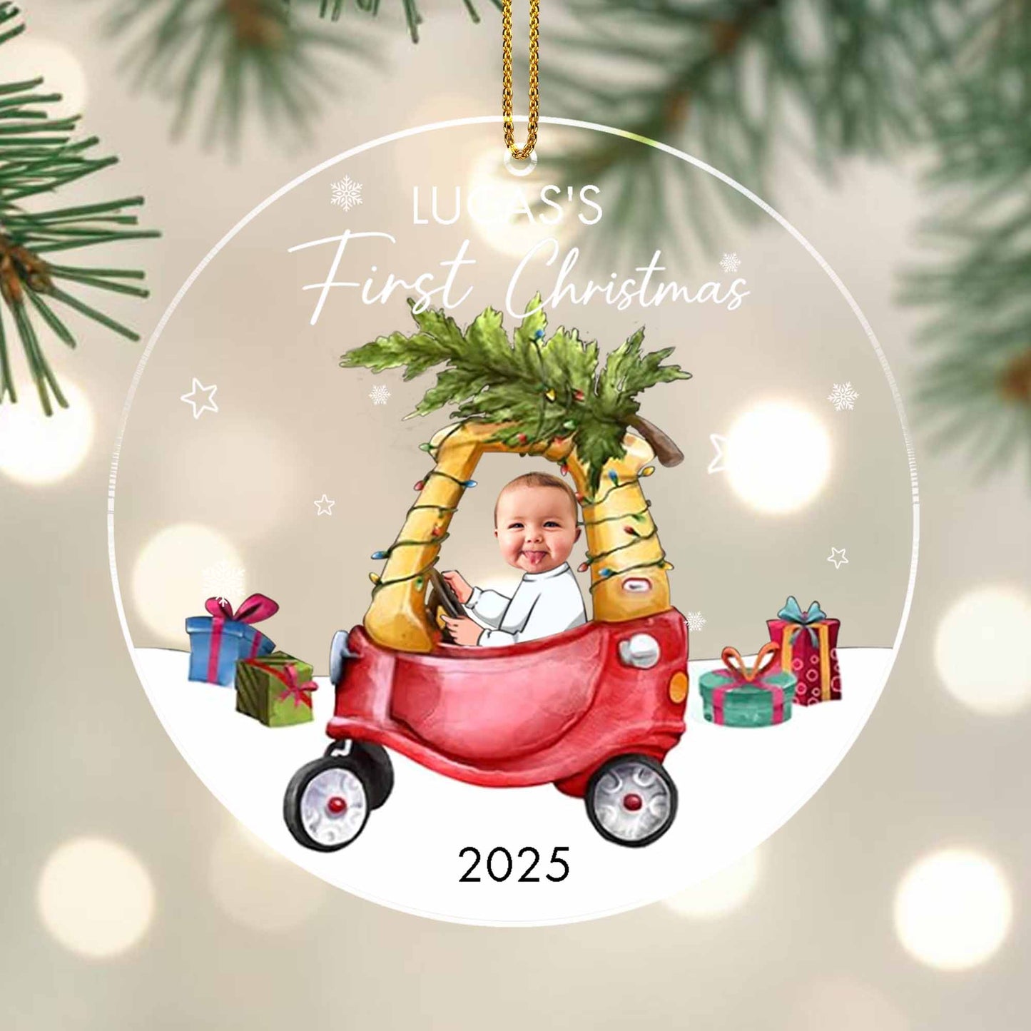 First Christmas, Baby In Festive Car Under Christmas Tree