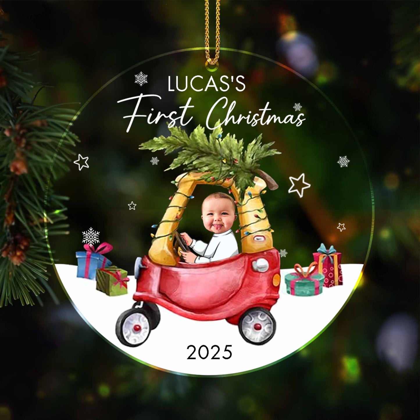 First Christmas, Baby In Festive Car Under Christmas Tree
