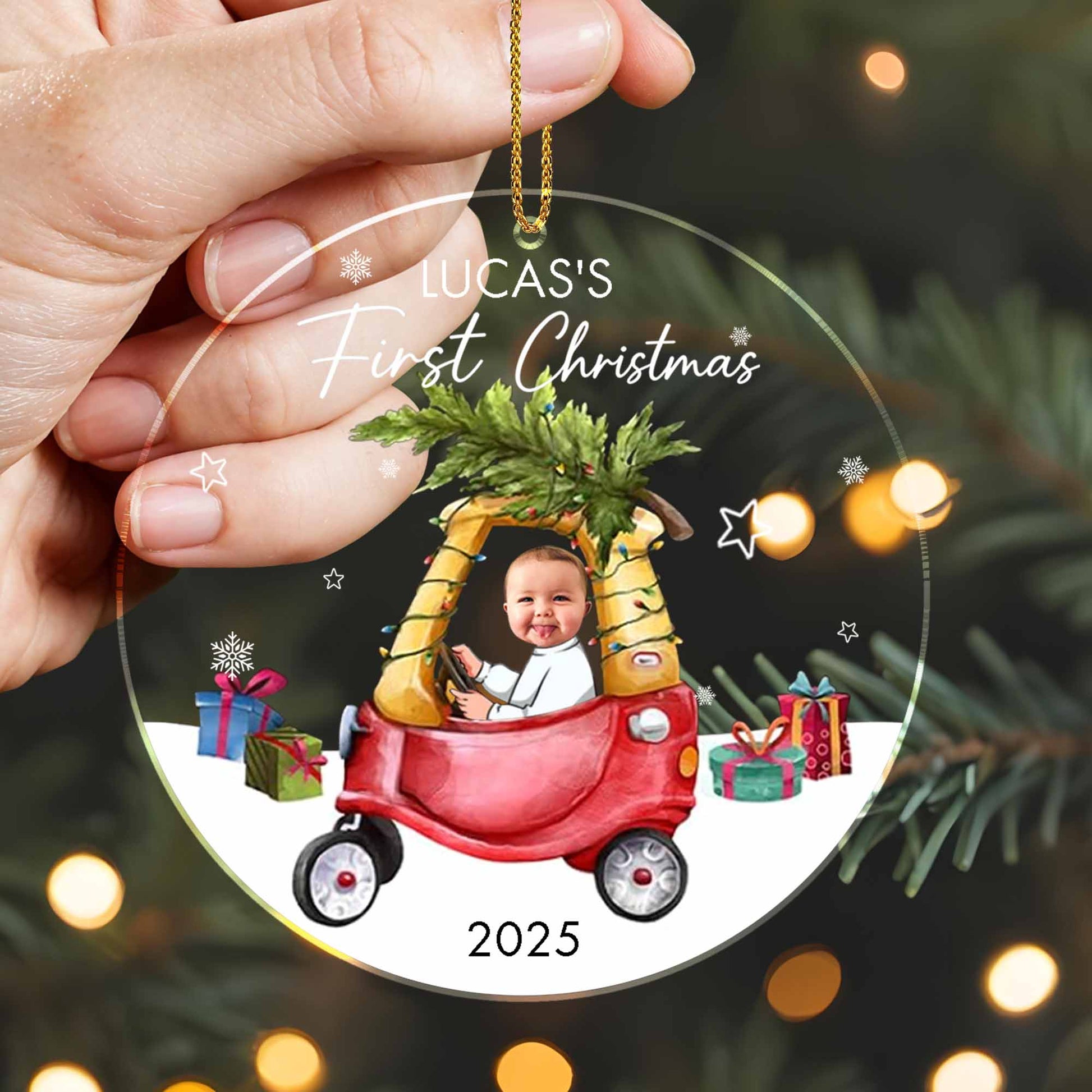 First Christmas, Baby In Festive Car Under Christmas Tree