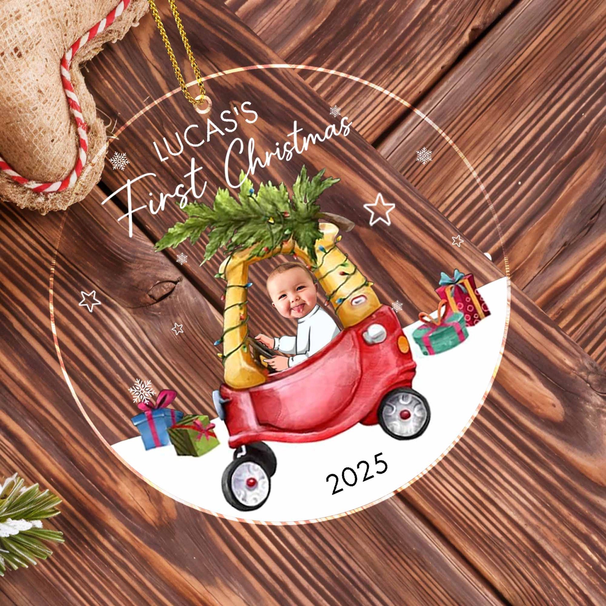 First Christmas, Baby In Festive Car Under Christmas Tree