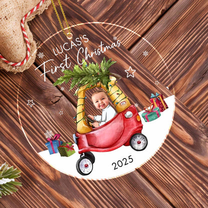 First Christmas, Baby In Festive Car Under Christmas Tree