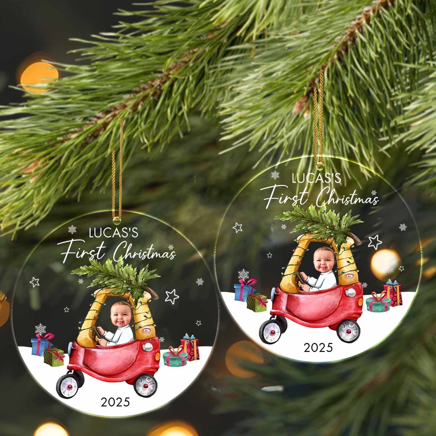 First Christmas, Baby In Festive Car Under Christmas Tree