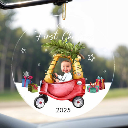 First Christmas, Baby In Festive Car Under Christmas Tree