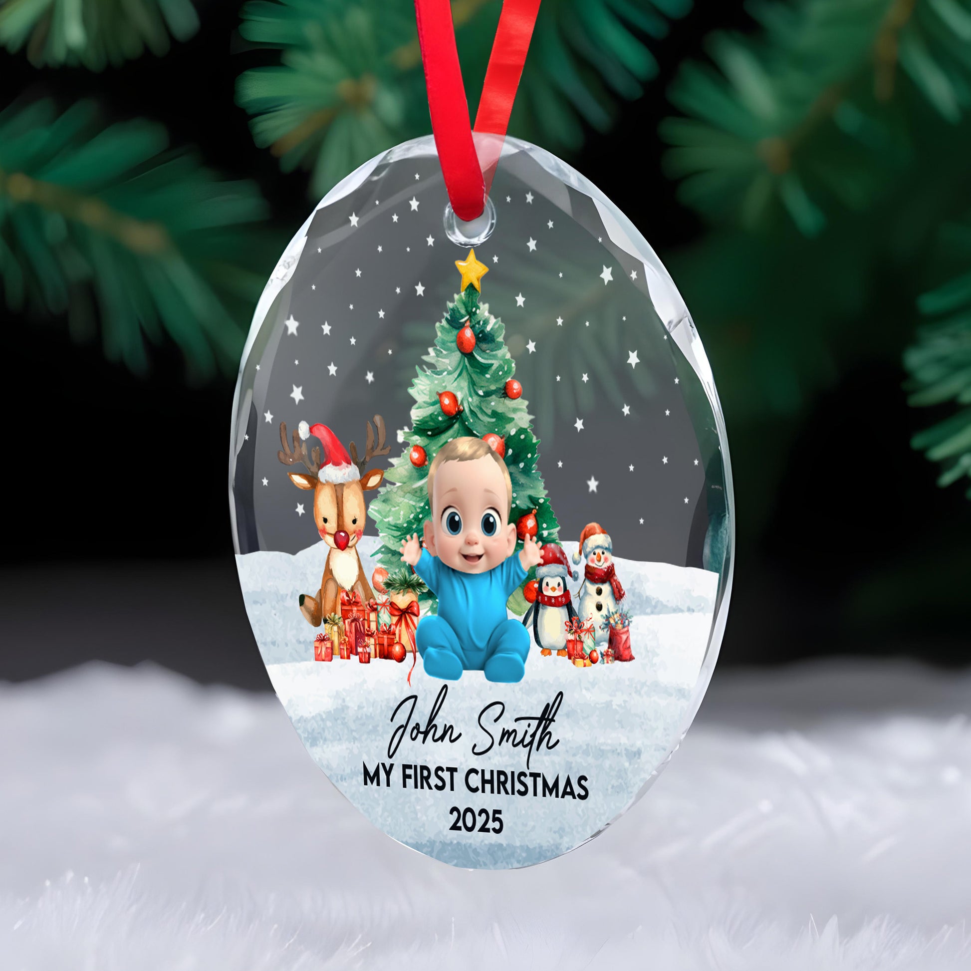 My First Christmas, Baby With Reindeer And Snowman