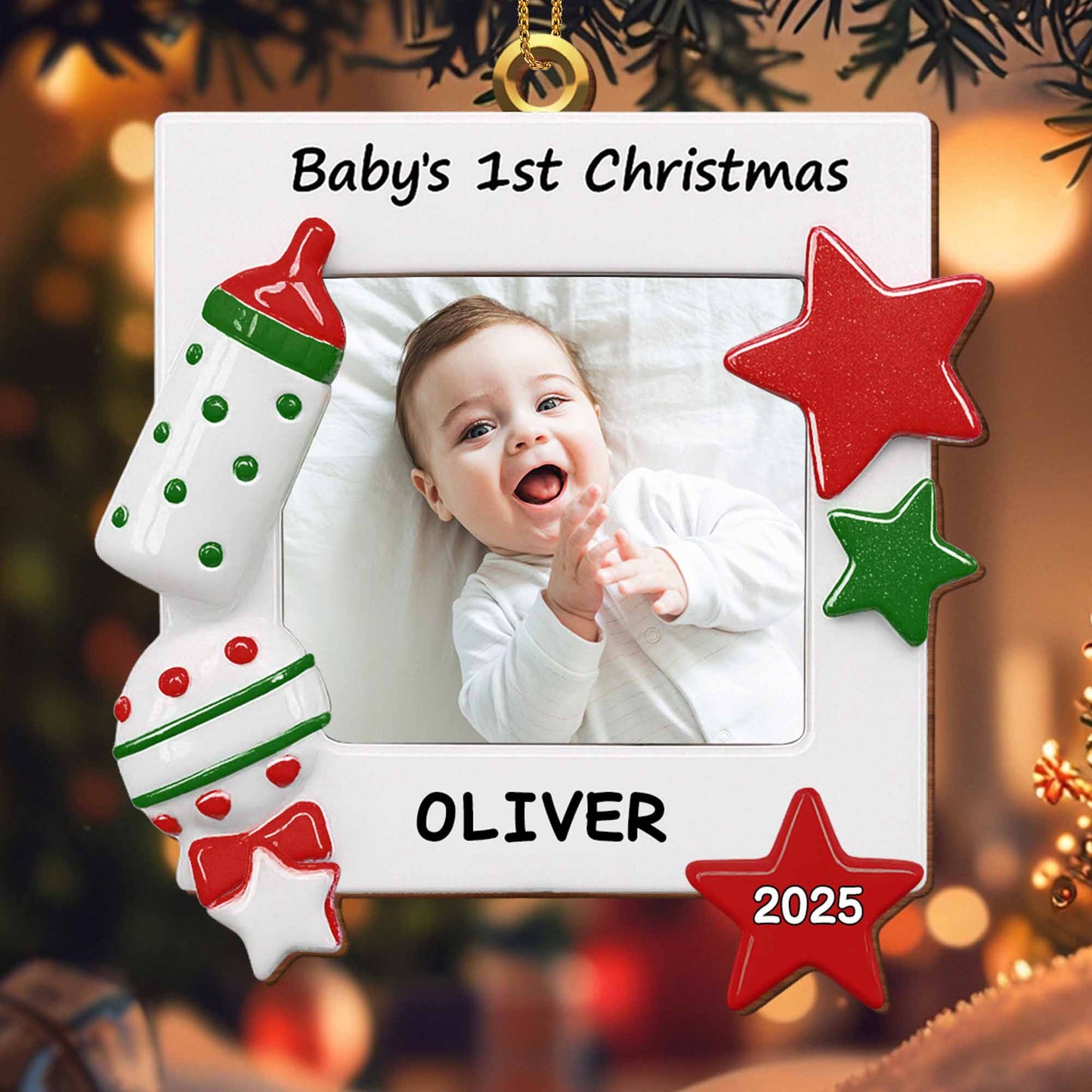 Célébrez le premier Noël de votre tout-petit : biberon et étoiles – Décoration en bois personnalisée, forme personnalisée – KID182_WDO