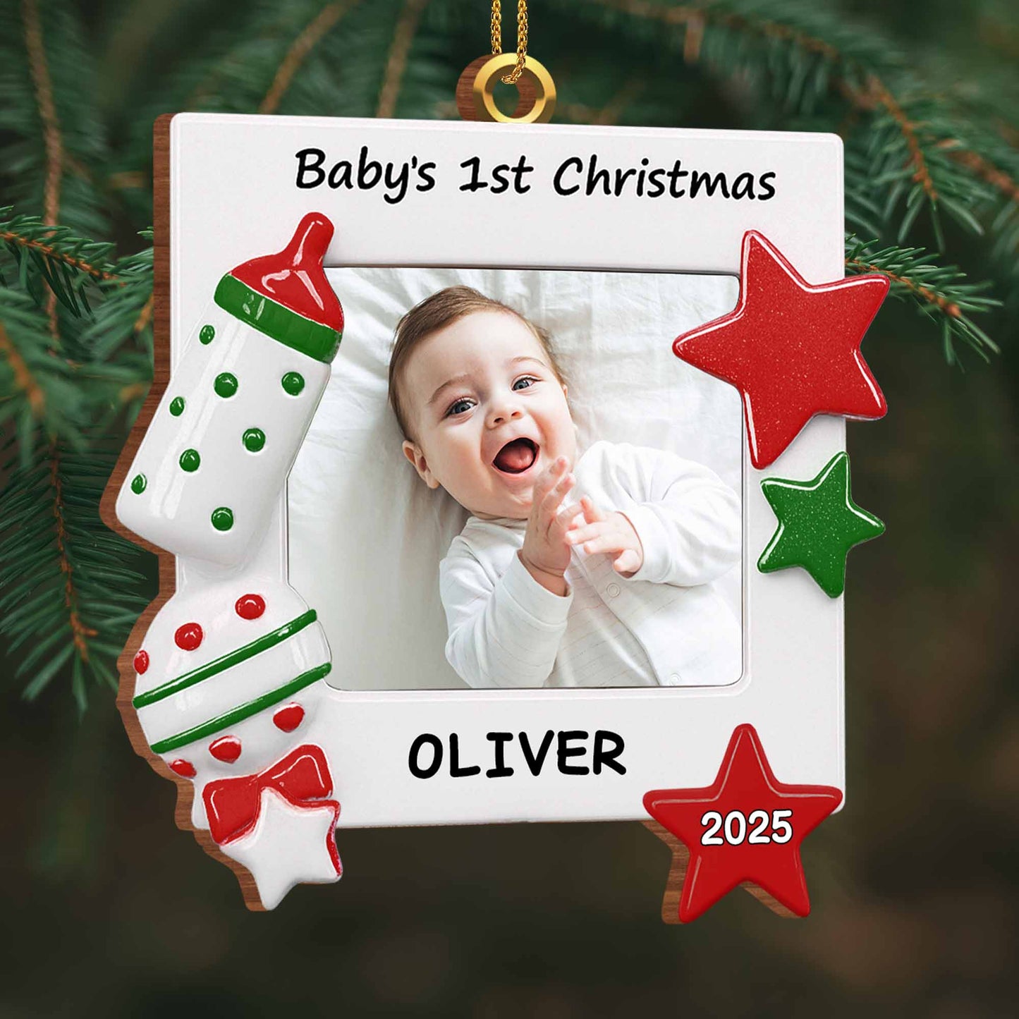 Célébrez le premier Noël de votre tout-petit : biberon et étoiles – Décoration en bois personnalisée, forme personnalisée – KID182_WDO