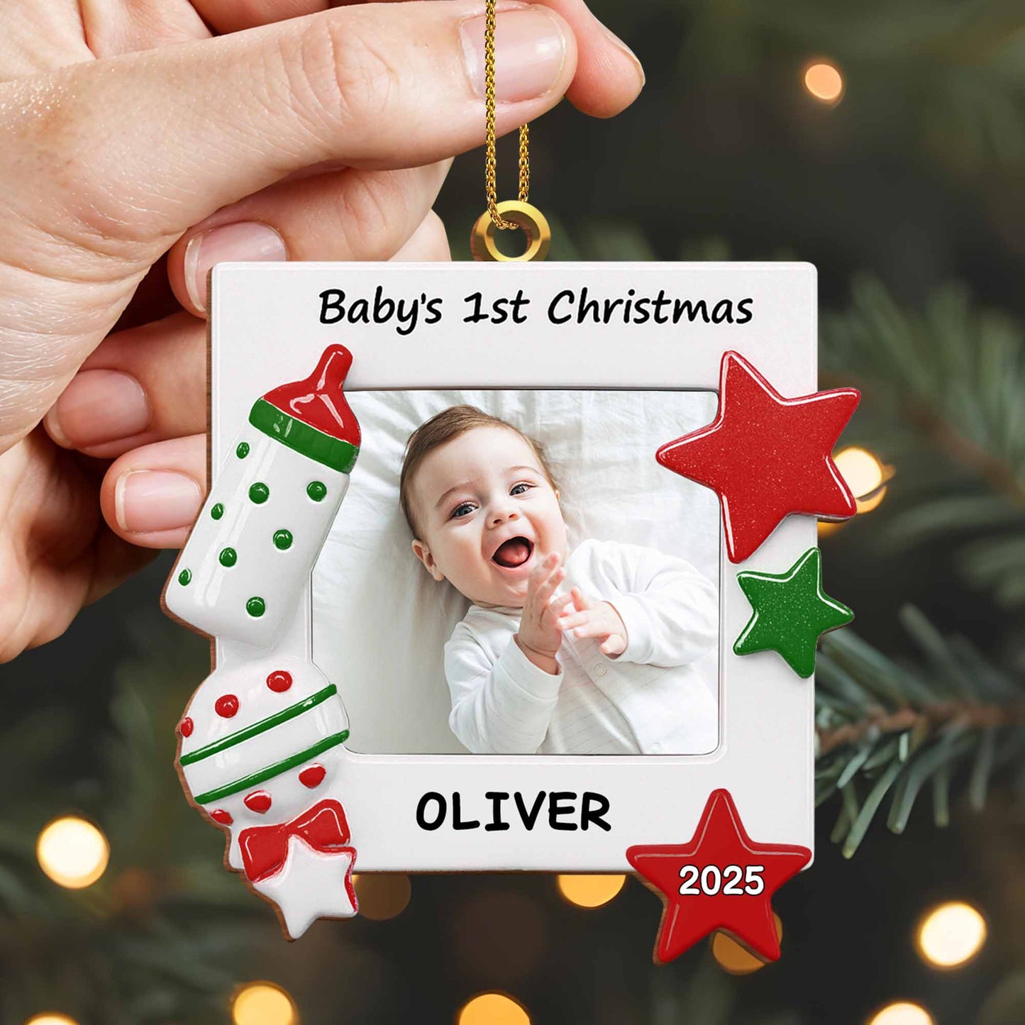 Célébrez le premier Noël de votre tout-petit : biberon et étoiles – Décoration en bois personnalisée, forme personnalisée – KID182_WDO