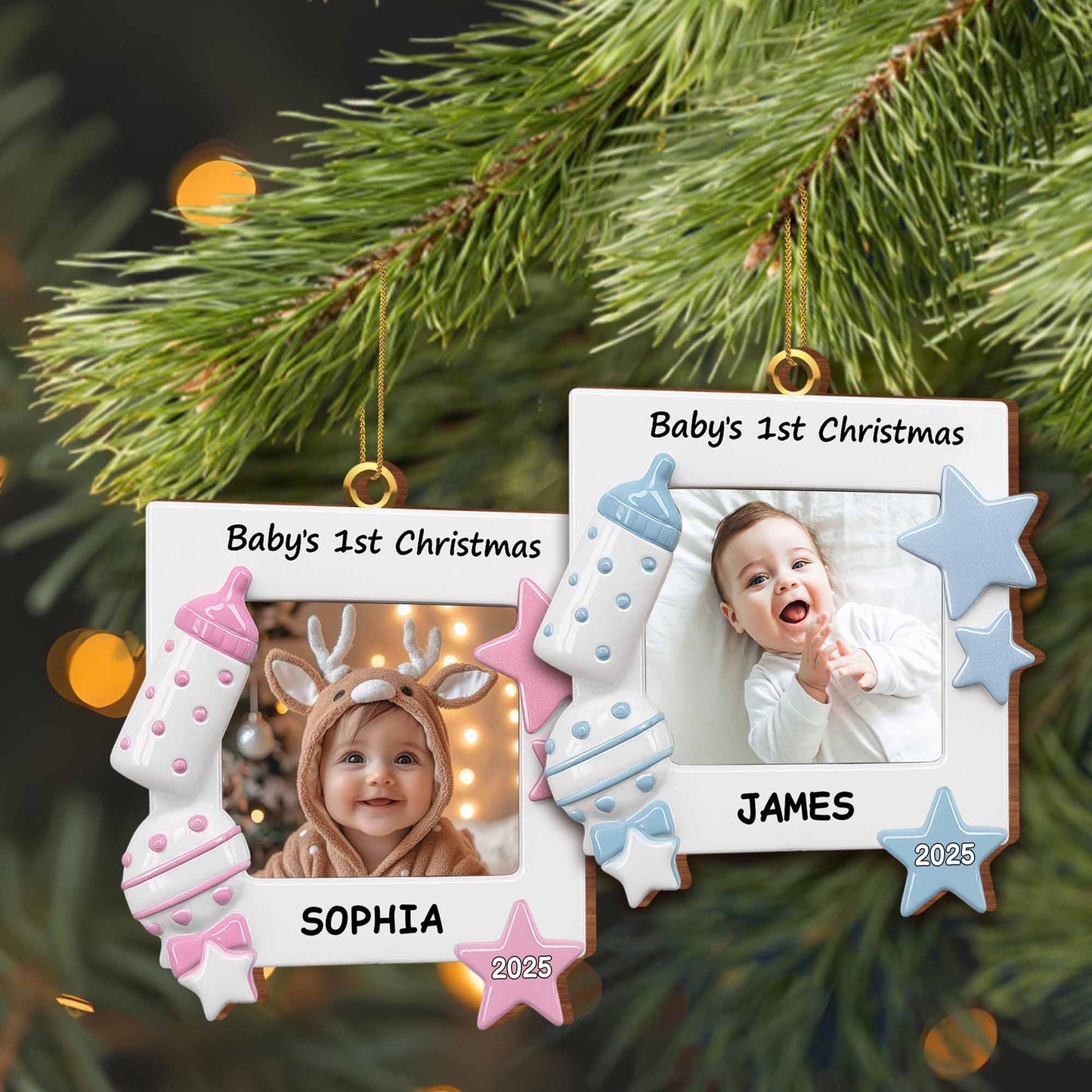 Célébrez le premier Noël de votre tout-petit : biberon et étoiles – Décoration en bois personnalisée, forme personnalisée – KID182_WDO