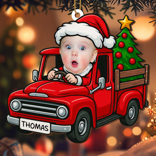 Holiday Cheer Delivered With A Baby In Red Truck - Personalized Custom Wood Ornament, Custom Shaped - KID200_WDO