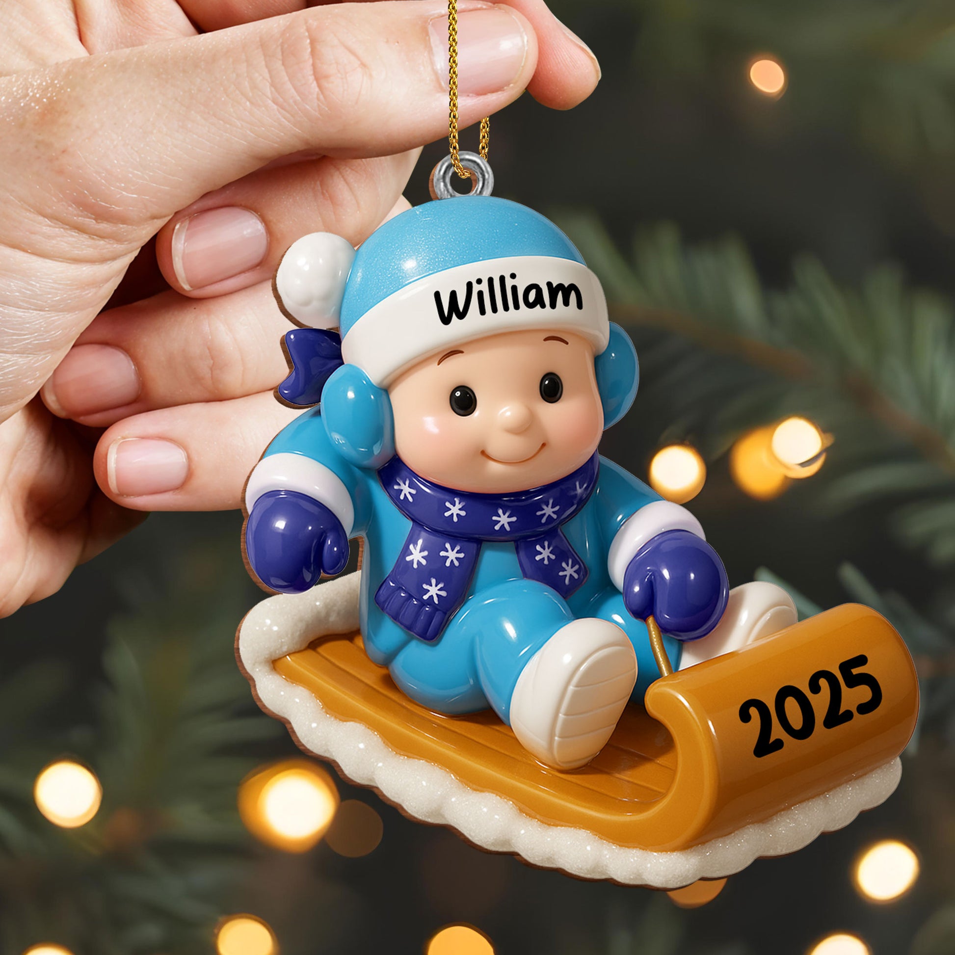 Customizable Winter Sled Ornament With Child