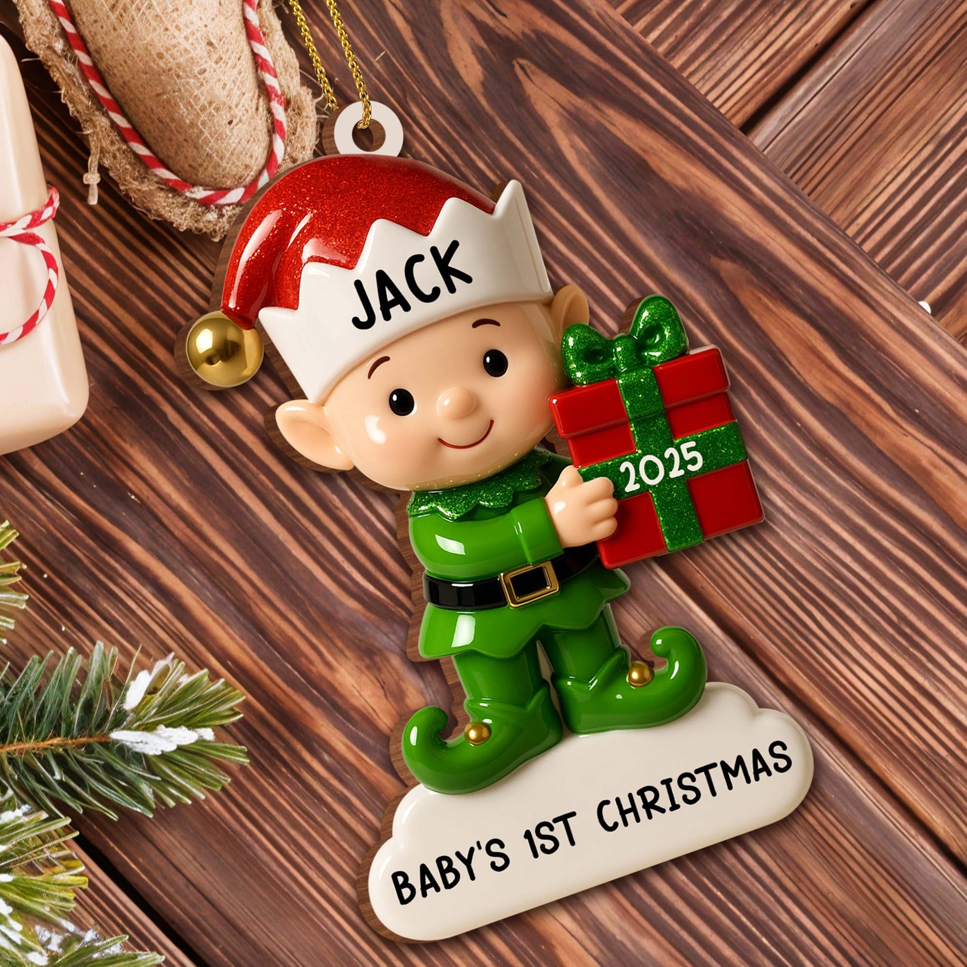 Baby's 1st Christmas, Elf With Gift Box