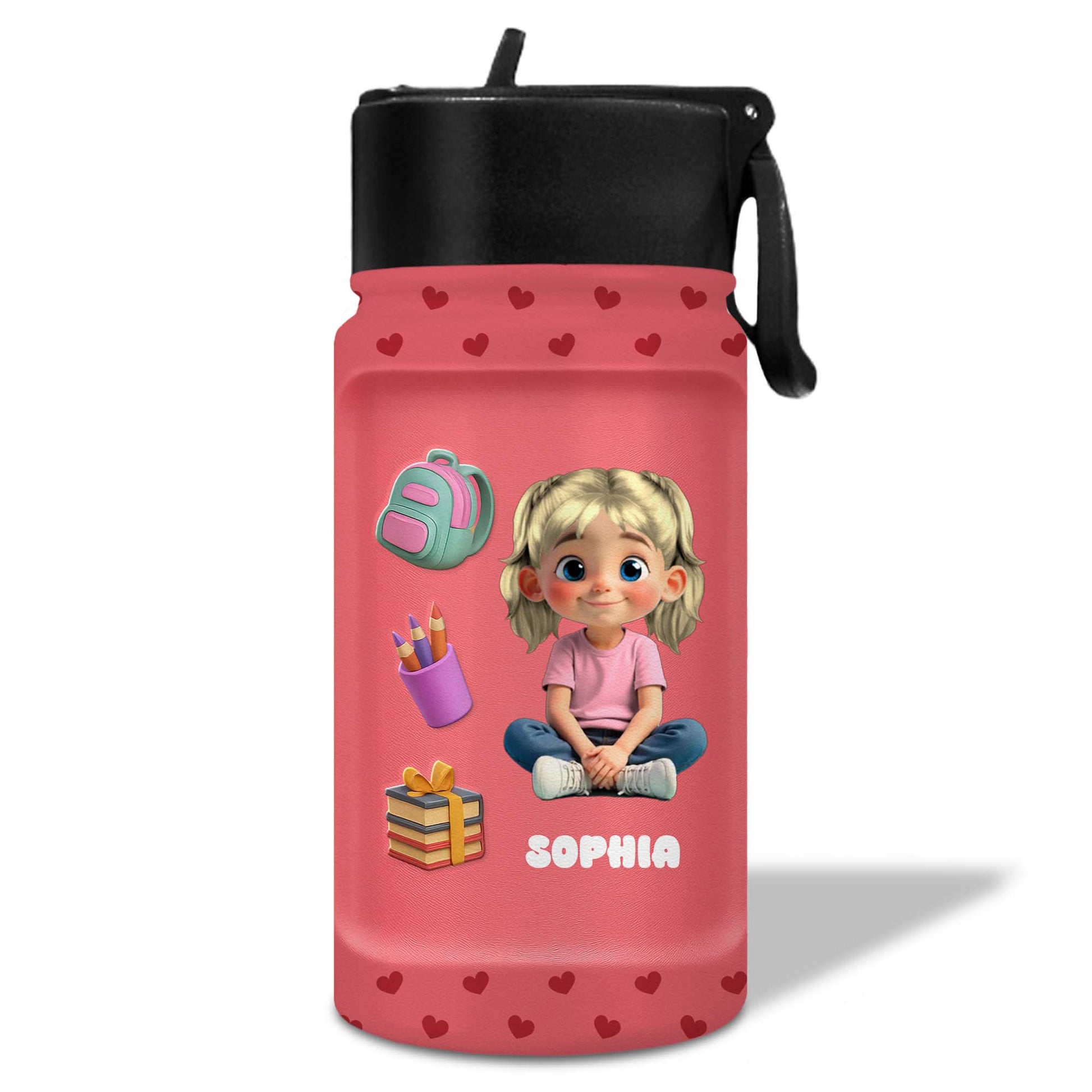 Personalized Water Bottle with Backpack and Colored Pencils