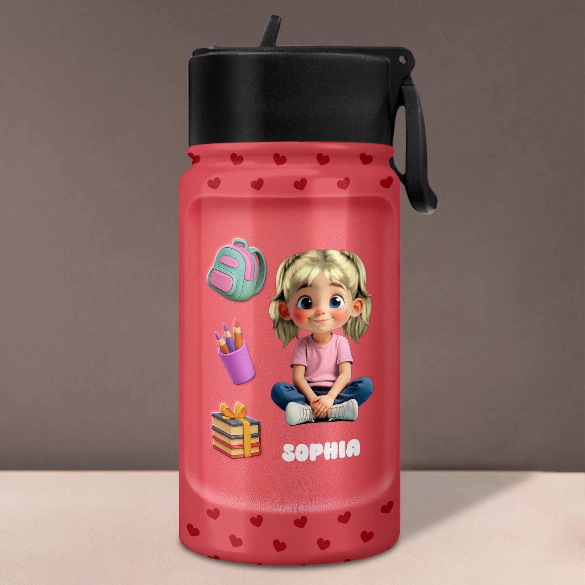 Personalized Water Bottle with Backpack and Colored Pencils