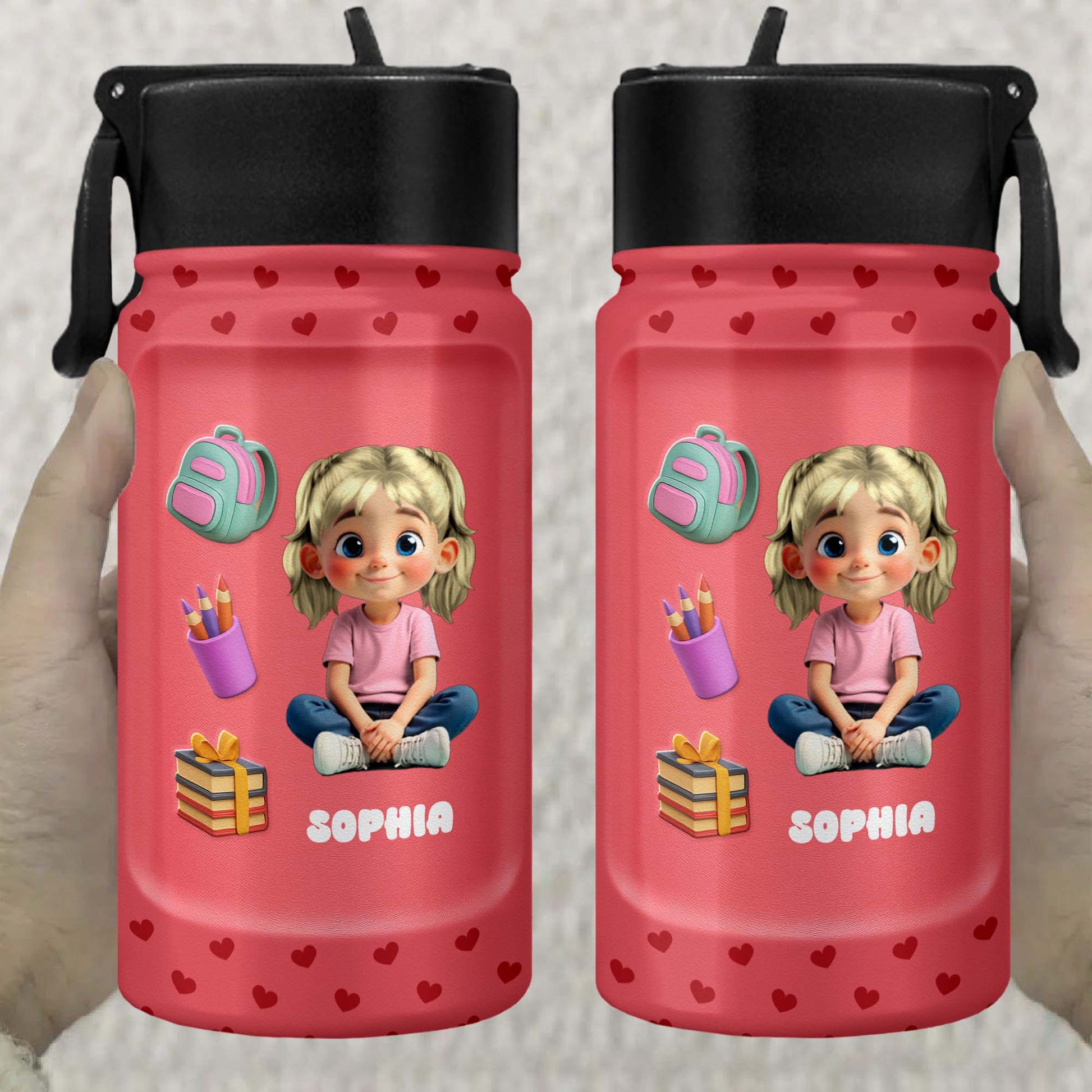 Personalized Water Bottle with Backpack and Colored Pencils